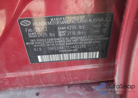 2012 Hyundai Sonata Gls из США, поврежденный, VIN 5NPEB4AC1CH483375